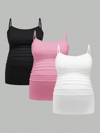 Multicolor Minimalist Ruched Maternity Cami - Slim Fit Spaghetti Strap High Stretch Knitted Tank Top for Pregnant Women Daily Wear