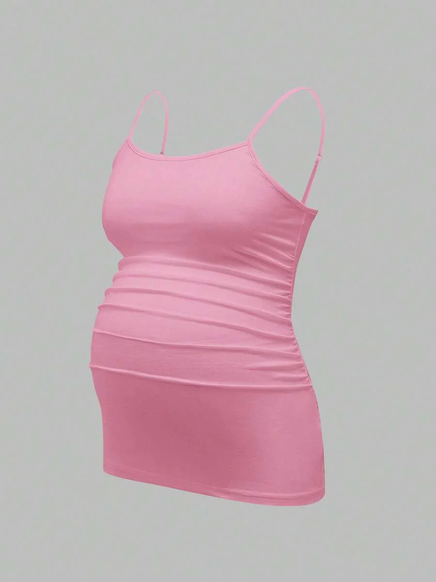 Multicolor Minimalist Ruched Maternity Cami - Slim Fit Spaghetti Strap High Stretch Knitted Tank Top for Pregnant Women Daily Wear