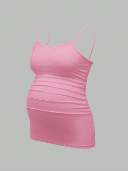 Multicolor Minimalist Ruched Maternity Cami - Slim Fit Spaghetti Strap High Stretch Knitted Tank Top for Pregnant Women Daily Wear