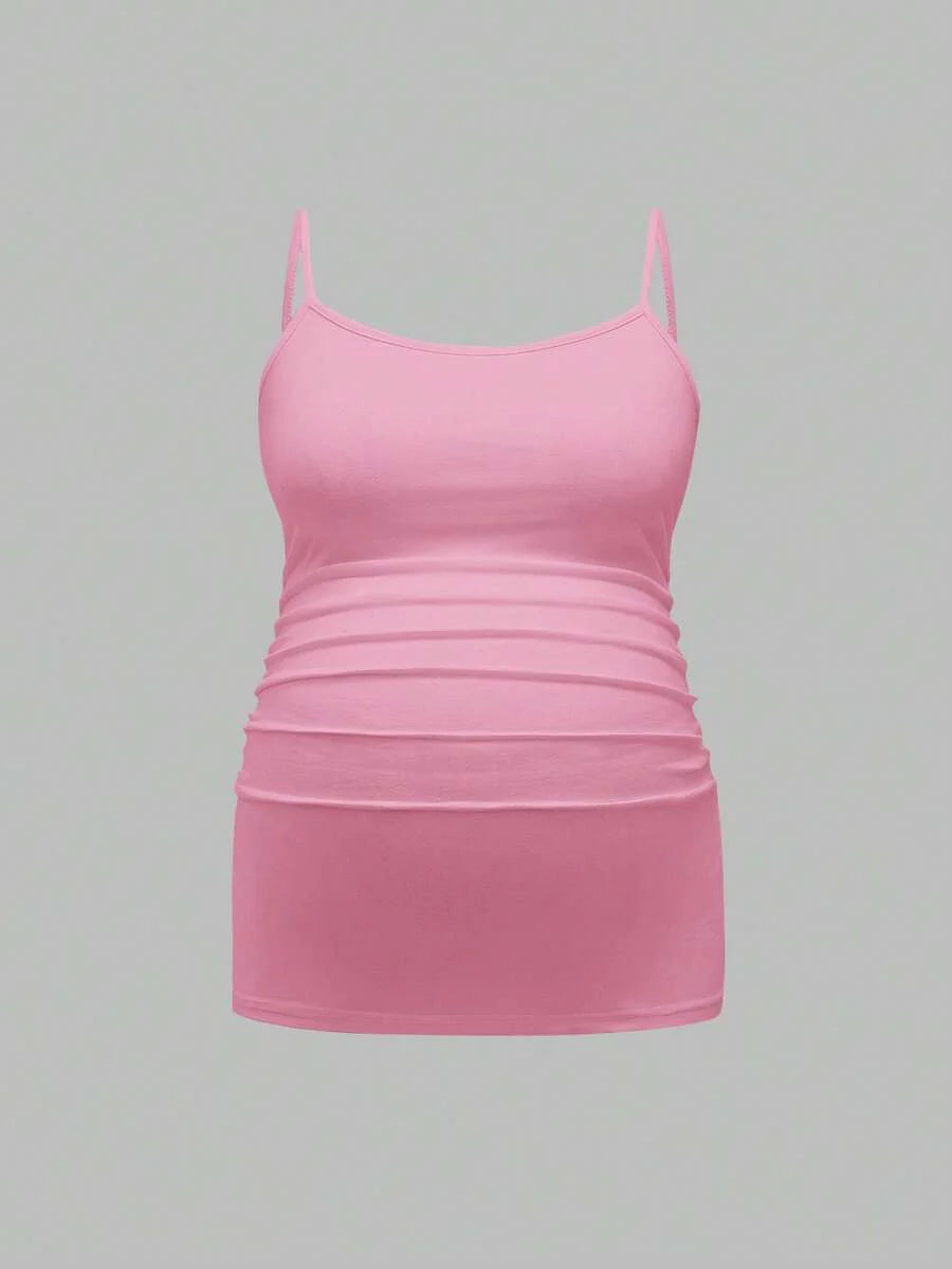 Multicolor Minimalist Ruched Maternity Cami - Slim Fit Spaghetti Strap High Stretch Knitted Tank Top for Pregnant Women Daily Wear