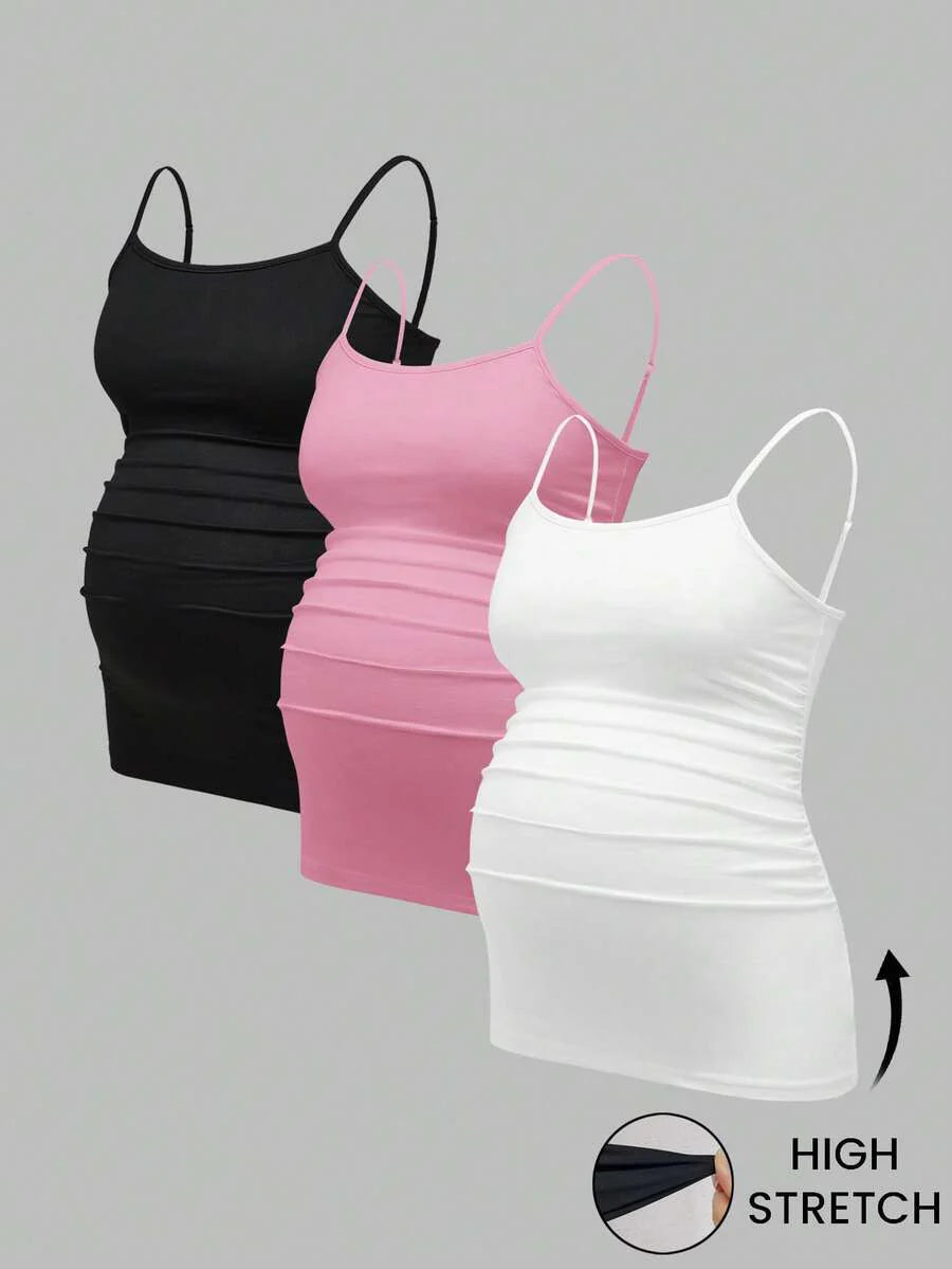Multicolor Minimalist Ruched Maternity Cami - Slim Fit Spaghetti Strap High Stretch Knitted Tank Top for Pregnant Women Daily Wear