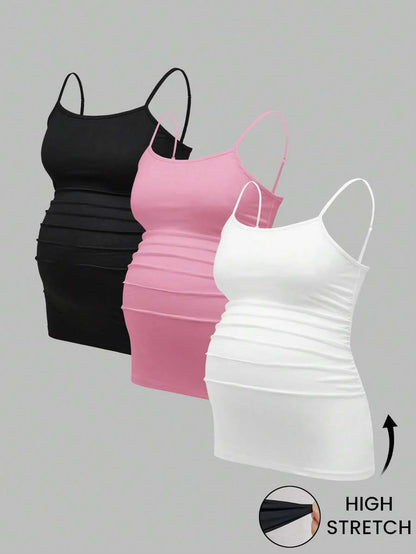Multicolor Minimalist Ruched Maternity Cami - Slim Fit Spaghetti Strap High Stretch Knitted Tank Top for Pregnant Women Daily Wear