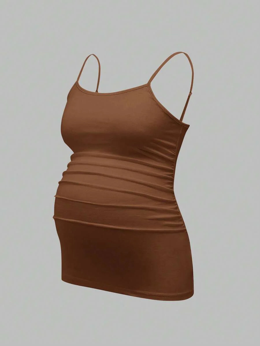 Multicolor Minimalist Ruched Maternity Cami - Slim Fit Spaghetti Strap High Stretch Knitted Tank Top for Pregnant Women Daily Wear