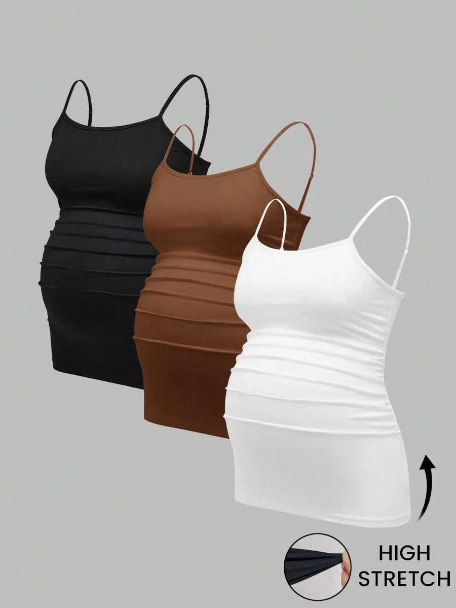 Multicolor Minimalist Ruched Maternity Cami - Slim Fit Spaghetti Strap High Stretch Knitted Tank Top for Pregnant Women Daily Wear