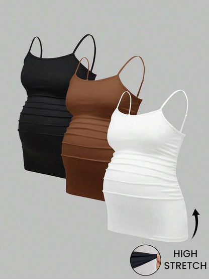 Multicolor Minimalist Ruched Maternity Cami - Slim Fit Spaghetti Strap High Stretch Knitted Tank Top for Pregnant Women Daily Wear