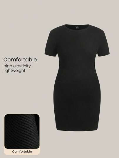 Black Rib-Knit Maternity Bodycon Dress - Short Sleeve Round Neck Mini Pencil Dress - Slim Fit Everyday Casual Commute Pregnancy Outfit