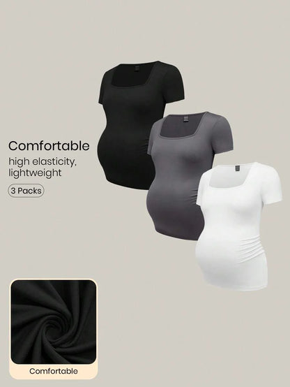 3-Piece Maternity Ribbed Knit Short Sleeve T-Shirt Set - Black White Gray Scoop Neck Fitted Pregnancy Basics