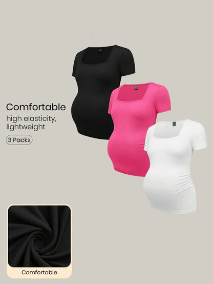 3-Piece Maternity Ribbed Knit Short Sleeve T-Shirt Set - Black White Gray Scoop Neck Fitted Pregnancy Basics
