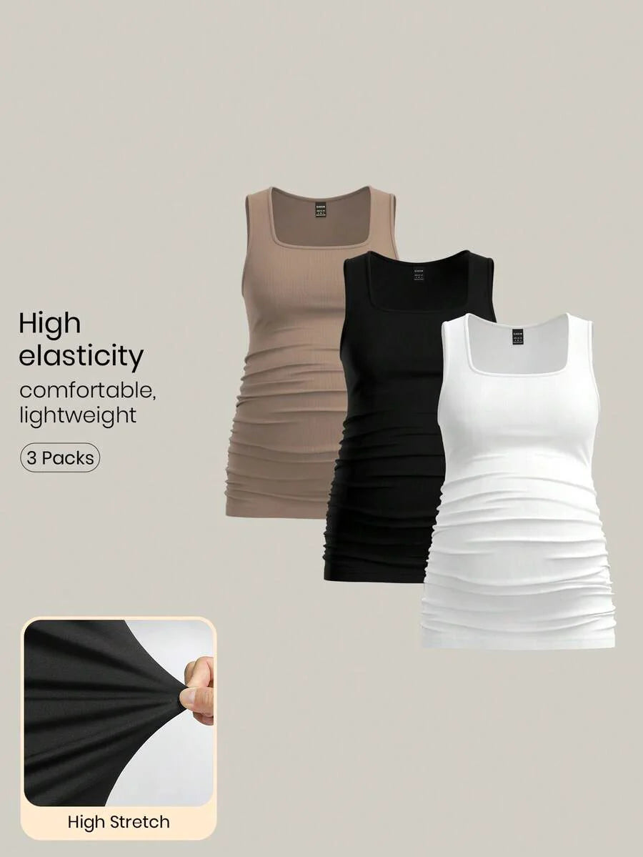 Maternity Ruched Tank Top 3-Pack - Square Neck, Slim Fit, Multicolor