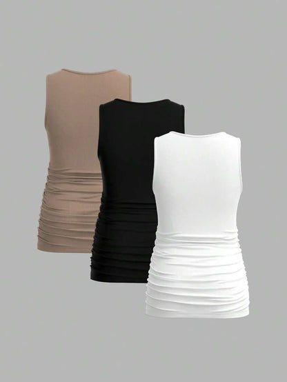 Maternity Ruched Tank Top 3-Pack - Square Neck, Slim Fit, Multicolor