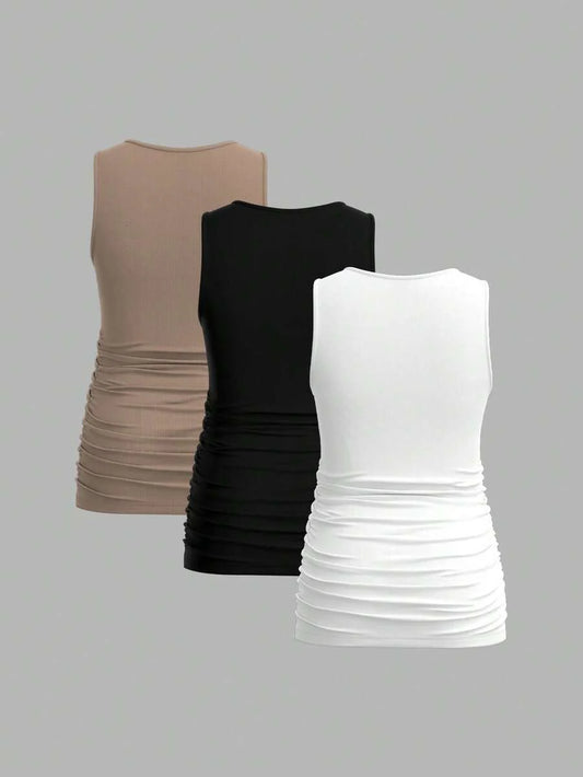 Maternity Ruched Tank Top 3-Pack - Square Neck, Slim Fit, Multicolor