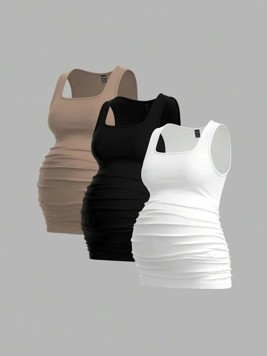 Maternity Ruched Tank Top 3-Pack - Square Neck, Slim Fit, Multicolor
