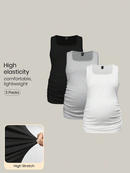 Maternity Ruched Tank Top 3-Pack - Square Neck, Slim Fit, Multicolor