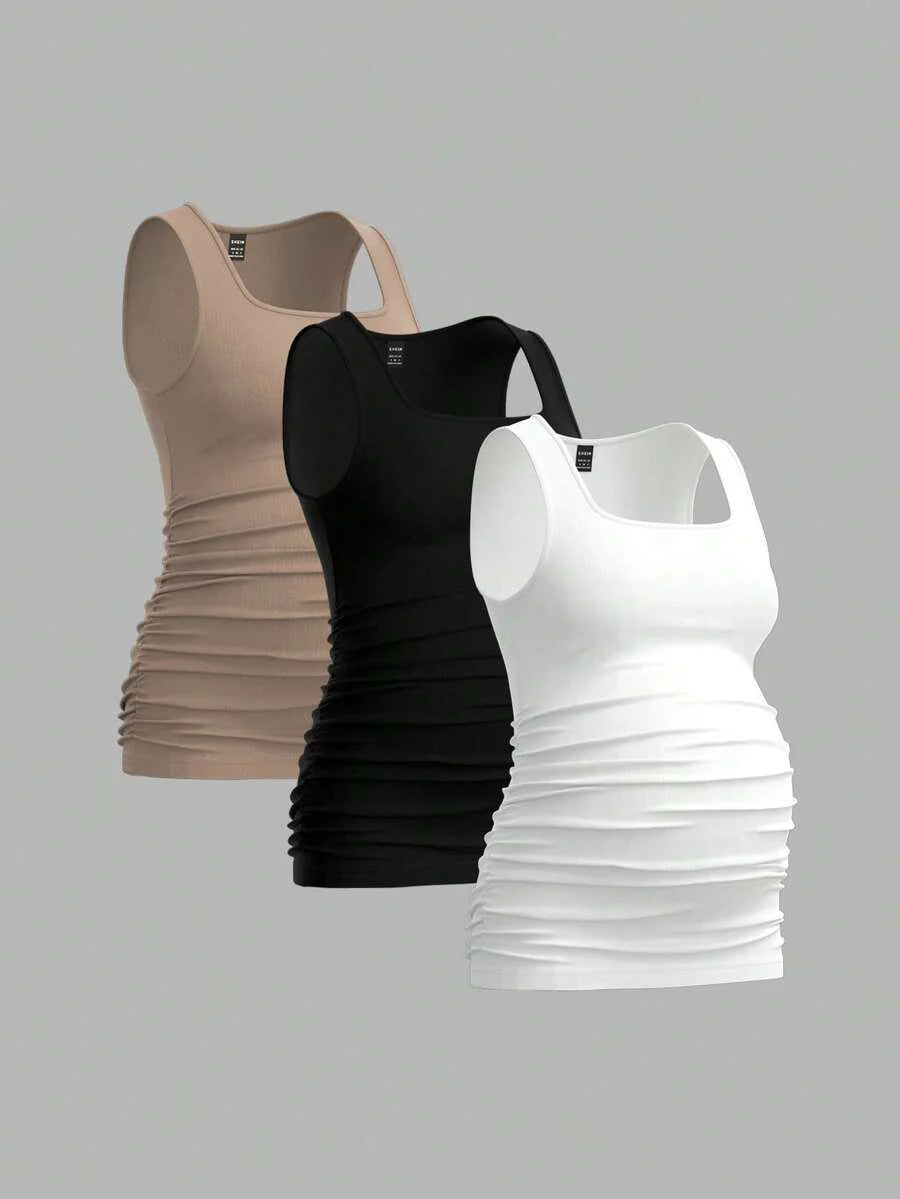 Maternity Ruched Tank Top 3-Pack - Square Neck, Slim Fit, Multicolor
