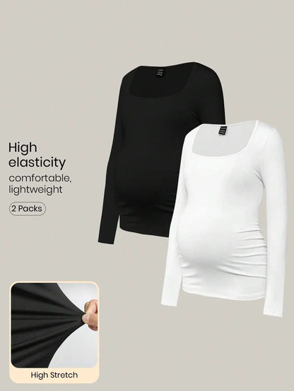 Maternity Ruched Square Neck Long Sleeve T-Shirt - Slim Fit High Stretch Knitted Pregnancy Top - Versatile Plain Daily Maternity Tee