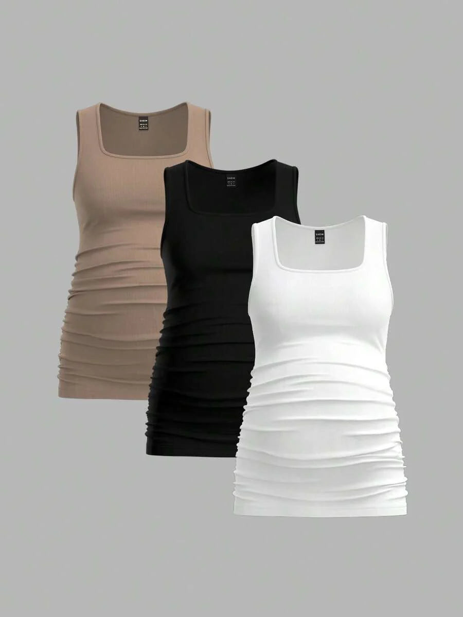 Maternity Ruched Tank Top 3-Pack - Square Neck, Slim Fit, Multicolor