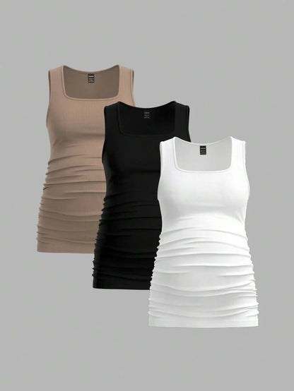 Maternity Ruched Tank Top 3-Pack - Square Neck, Slim Fit, Multicolor