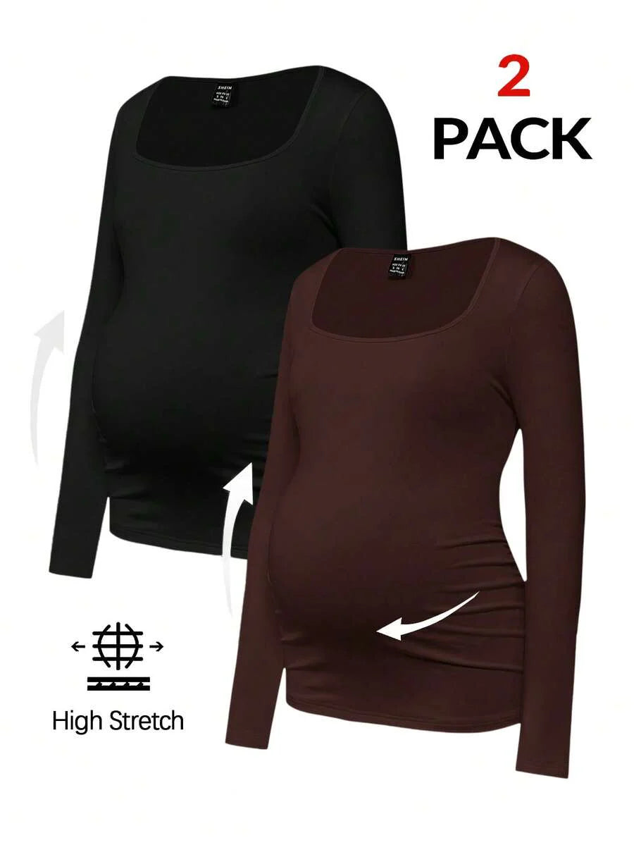 Maternity Ruched Square Neck Long Sleeve T-Shirt - Slim Fit High Stretch Knitted Pregnancy Top - Versatile Plain Daily Maternity Tee