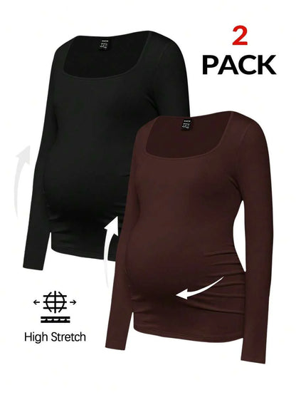 Maternity Ruched Square Neck Long Sleeve T-Shirt - Slim Fit High Stretch Knitted Pregnancy Top - Versatile Plain Daily Maternity Tee