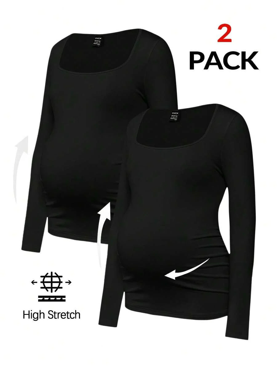 Maternity Ruched Square Neck Long Sleeve T-Shirt - Slim Fit High Stretch Knitted Pregnancy Top - Versatile Plain Daily Maternity Tee