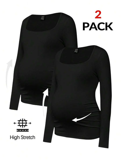 Maternity Ruched Square Neck Long Sleeve T-Shirt - Slim Fit High Stretch Knitted Pregnancy Top - Versatile Plain Daily Maternity Tee