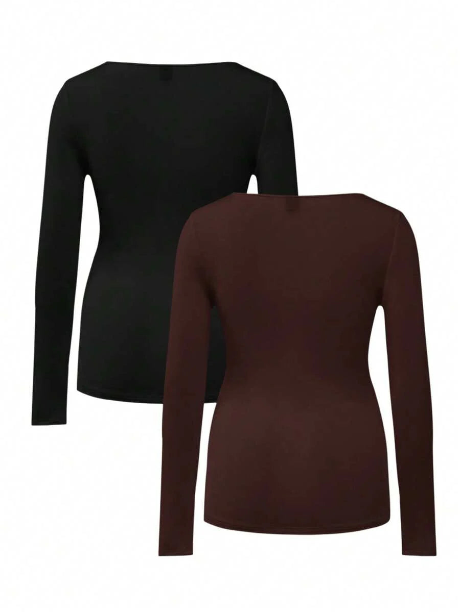Maternity Ruched Square Neck Long Sleeve T-Shirt - Slim Fit High Stretch Knitted Pregnancy Top - Versatile Plain Daily Maternity Tee