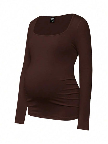 Maternity Ruched Square Neck Long Sleeve T-Shirt - Slim Fit High Stretch Knitted Pregnancy Top - Versatile Plain Daily Maternity Tee