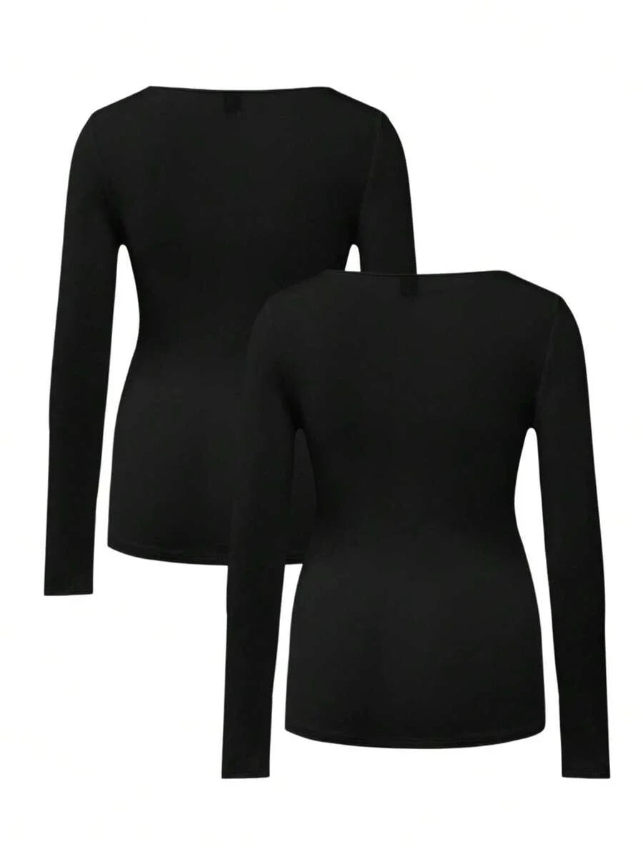 Maternity Ruched Square Neck Long Sleeve T-Shirt - Slim Fit High Stretch Knitted Pregnancy Top - Versatile Plain Daily Maternity Tee