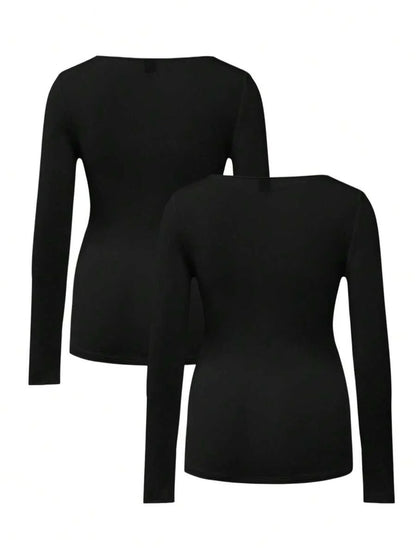 Maternity Ruched Square Neck Long Sleeve T-Shirt - Slim Fit High Stretch Knitted Pregnancy Top - Versatile Plain Daily Maternity Tee