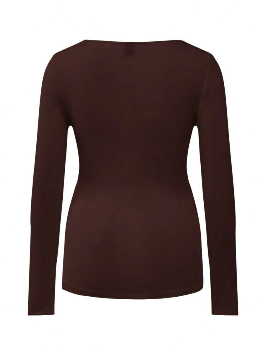Maternity Ruched Square Neck Long Sleeve T-Shirt - Slim Fit High Stretch Knitted Pregnancy Top - Versatile Plain Daily Maternity Tee