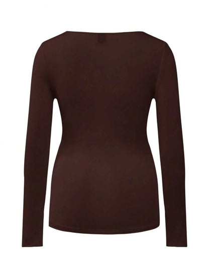 Maternity Ruched Square Neck Long Sleeve T-Shirt - Slim Fit High Stretch Knitted Pregnancy Top - Versatile Plain Daily Maternity Tee