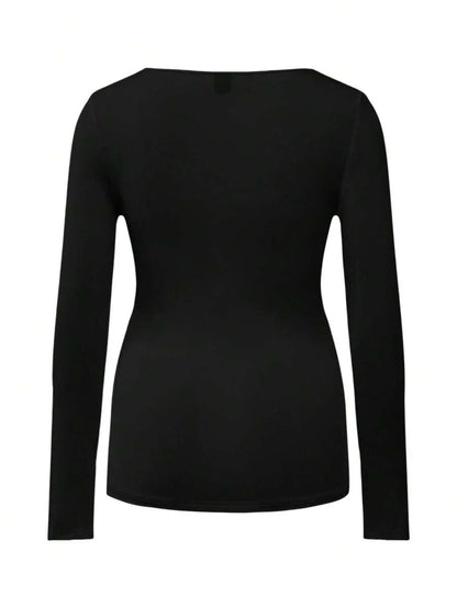 Maternity Ruched Square Neck Long Sleeve T-Shirt - Slim Fit High Stretch Knitted Pregnancy Top - Versatile Plain Daily Maternity Tee
