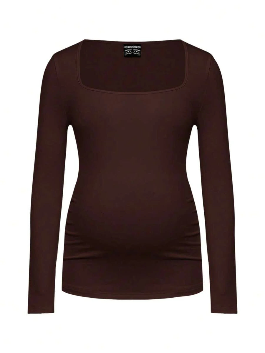 Maternity Ruched Square Neck Long Sleeve T-Shirt - Slim Fit High Stretch Knitted Pregnancy Top - Versatile Plain Daily Maternity Tee