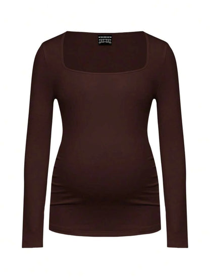 Maternity Ruched Square Neck Long Sleeve T-Shirt - Slim Fit High Stretch Knitted Pregnancy Top - Versatile Plain Daily Maternity Tee