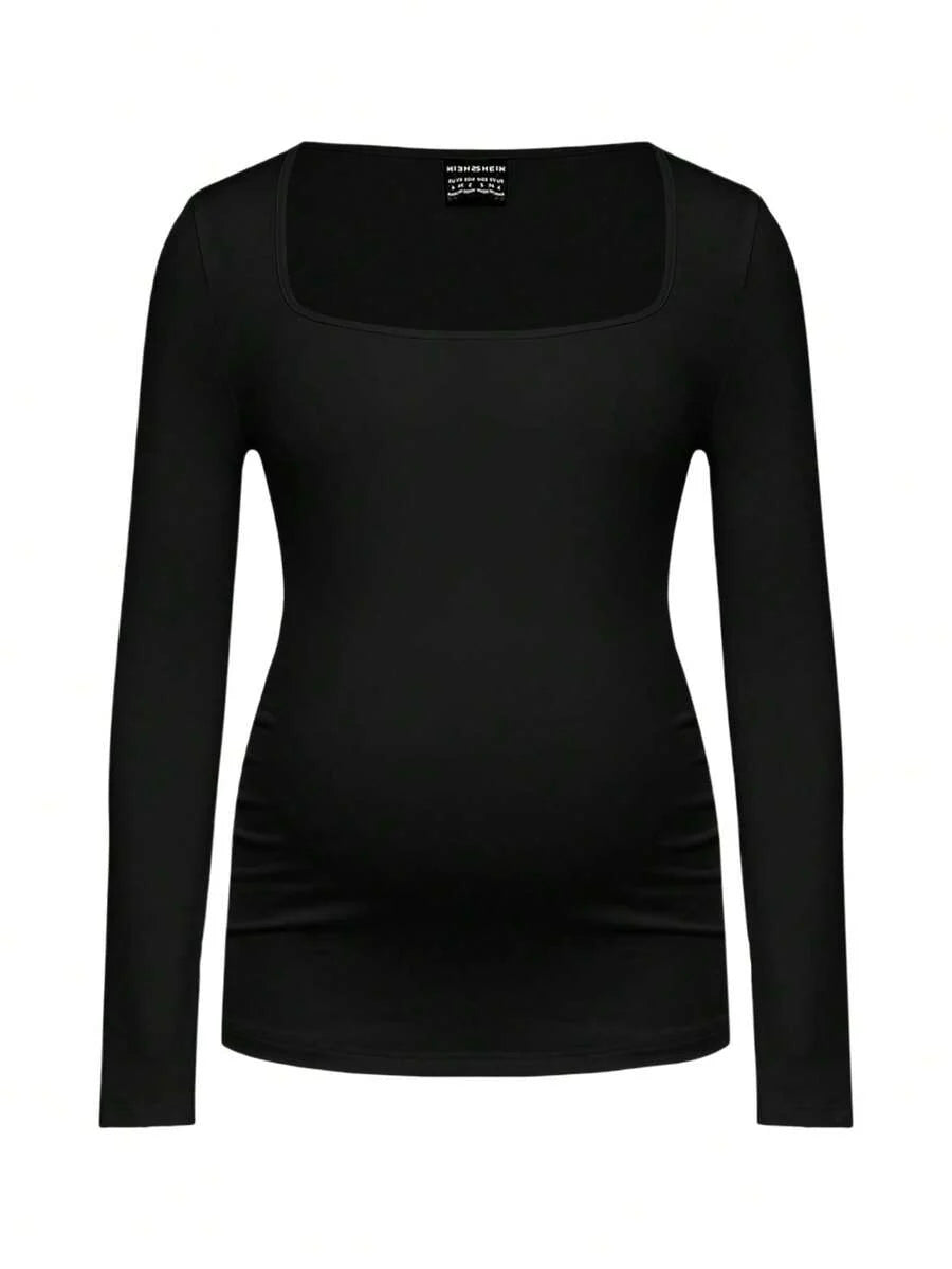 Maternity Ruched Square Neck Long Sleeve T-Shirt - Slim Fit High Stretch Knitted Pregnancy Top - Versatile Plain Daily Maternity Tee