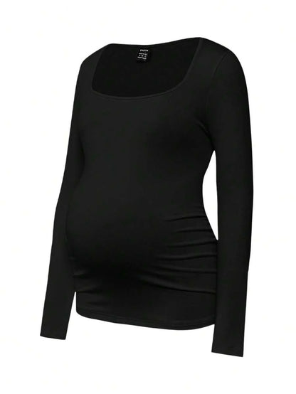 Maternity Ruched Square Neck Long Sleeve T-Shirt - Slim Fit High Stretch Knitted Pregnancy Top - Versatile Plain Daily Maternity Tee