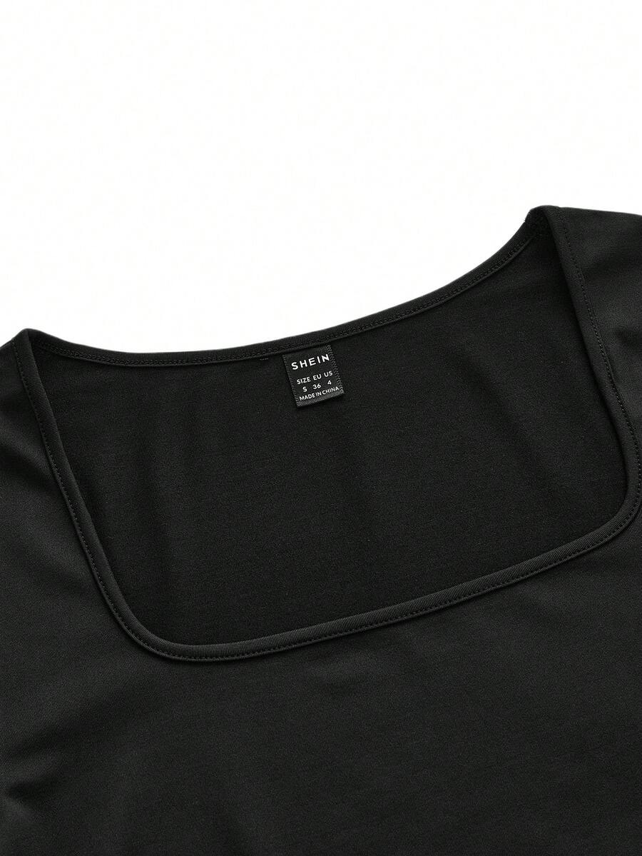 Maternity Ruched Square Neck Long Sleeve T-Shirt - Slim Fit High Stretch Knitted Pregnancy Top - Versatile Plain Daily Maternity Tee