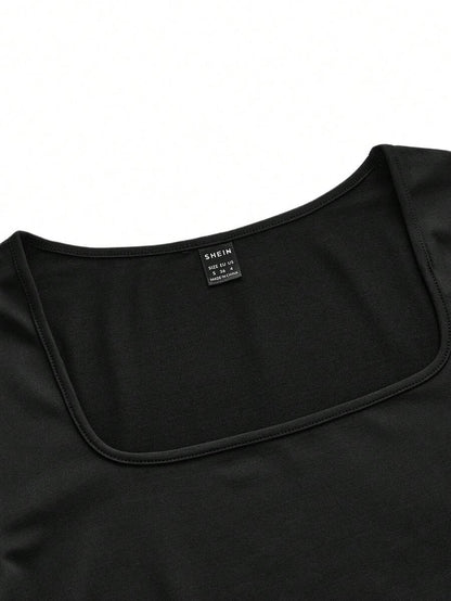Maternity Ruched Square Neck Long Sleeve T-Shirt - Slim Fit High Stretch Knitted Pregnancy Top - Versatile Plain Daily Maternity Tee