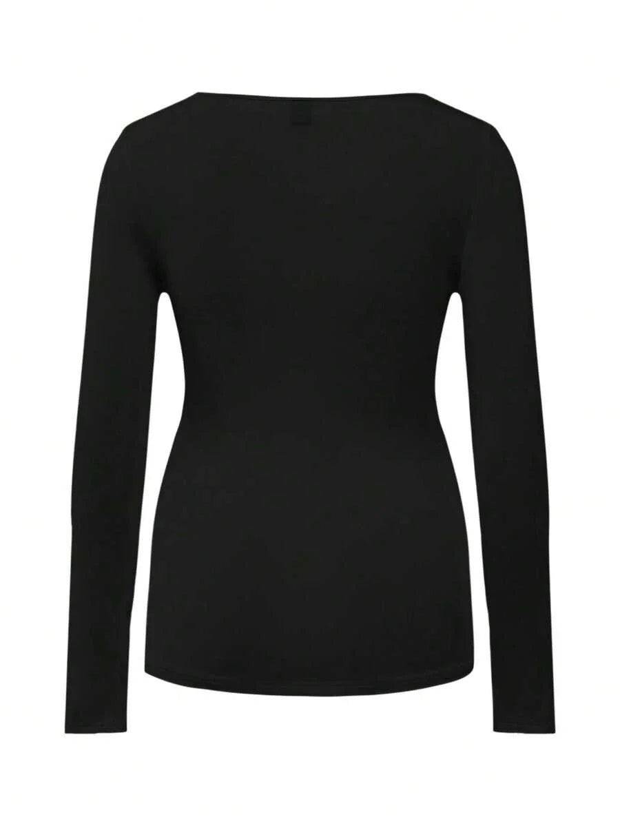 Maternity Ruched Square Neck Long Sleeve T-Shirt - Slim Fit High Stretch Knitted Pregnancy Top - Versatile Plain Daily Maternity Tee