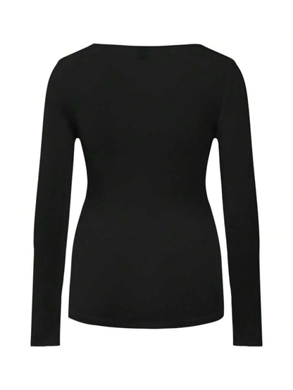 Maternity Ruched Square Neck Long Sleeve T-Shirt - Slim Fit High Stretch Knitted Pregnancy Top - Versatile Plain Daily Maternity Tee