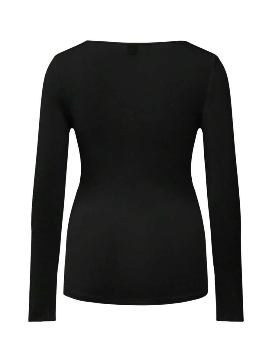 Maternity Ruched Square Neck Long Sleeve T-Shirt - Slim Fit High Stretch Knitted Pregnancy Top - Versatile Plain Daily Maternity Tee