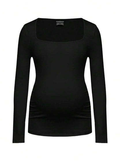 Maternity Ruched Square Neck Long Sleeve T-Shirt - Slim Fit High Stretch Knitted Pregnancy Top - Versatile Plain Daily Maternity Tee