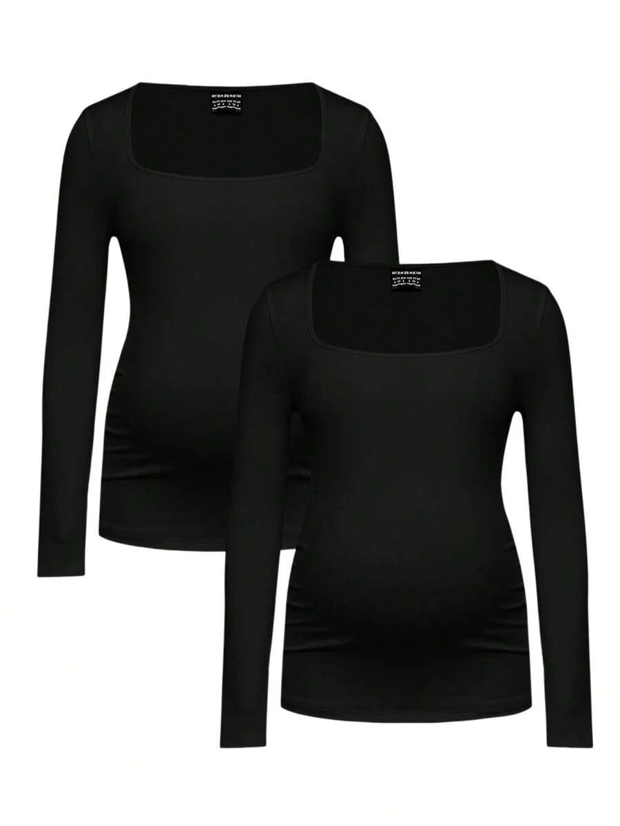 Maternity Ruched Square Neck Long Sleeve T-Shirt - Slim Fit High Stretch Knitted Pregnancy Top - Versatile Plain Daily Maternity Tee