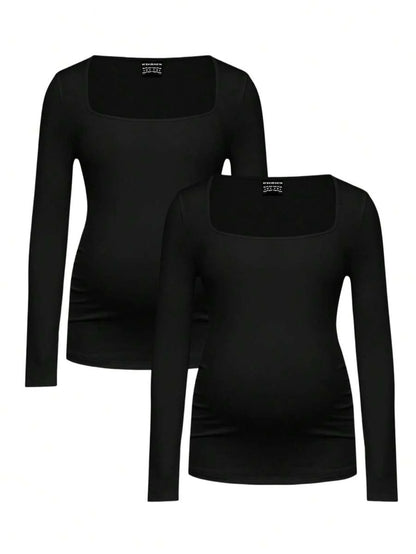 Maternity Ruched Square Neck Long Sleeve T-Shirt - Slim Fit High Stretch Knitted Pregnancy Top - Versatile Plain Daily Maternity Tee