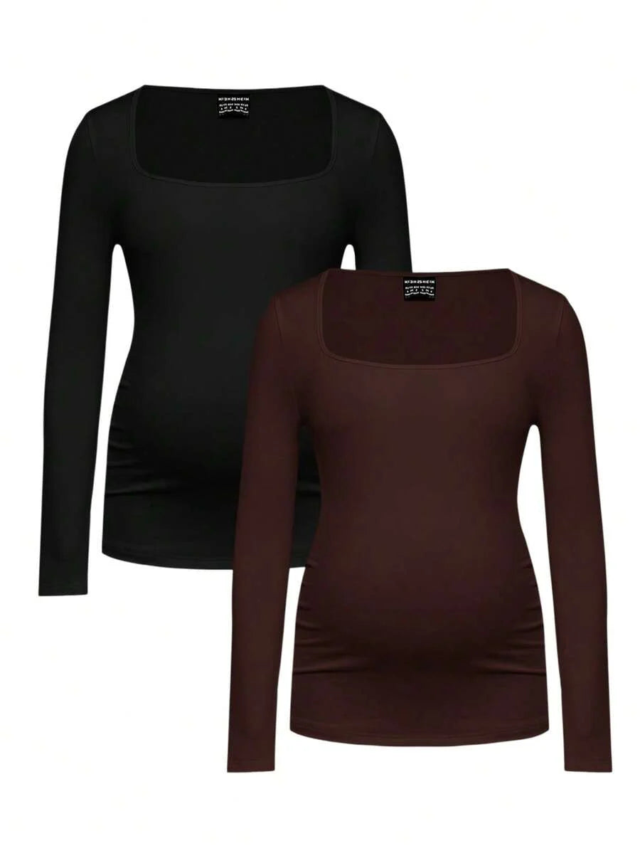 Maternity Ruched Square Neck Long Sleeve T-Shirt - Slim Fit High Stretch Knitted Pregnancy Top - Versatile Plain Daily Maternity Tee