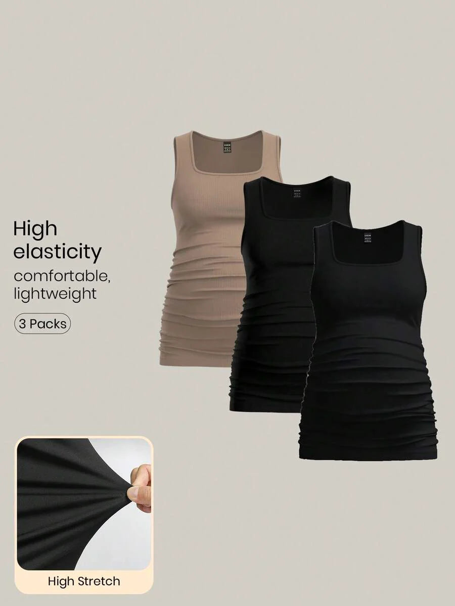 Maternity Ruched Tank Top 3-Pack - Square Neck, Slim Fit, Multicolor