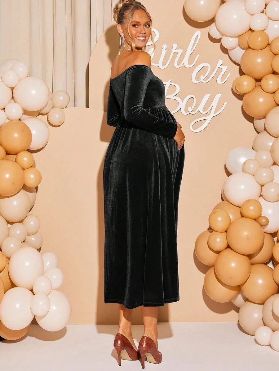 Maternity Off Shoulder Fishtail Baby Shower Long Sleeve Dress Slim Fit Solid Wine Gown Pregnancy Photoshoot Fall Winter