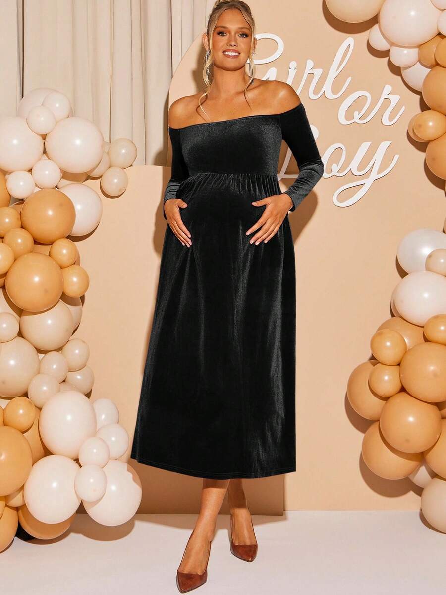 Maternity Off Shoulder Fishtail Baby Shower Long Sleeve Dress Slim Fit Solid Wine Gown Pregnancy Photoshoot Fall Winter