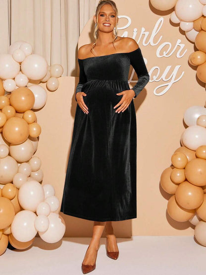 Maternity Off Shoulder Fishtail Baby Shower Long Sleeve Dress Slim Fit Solid Wine Gown Pregnancy Photoshoot Fall Winter
