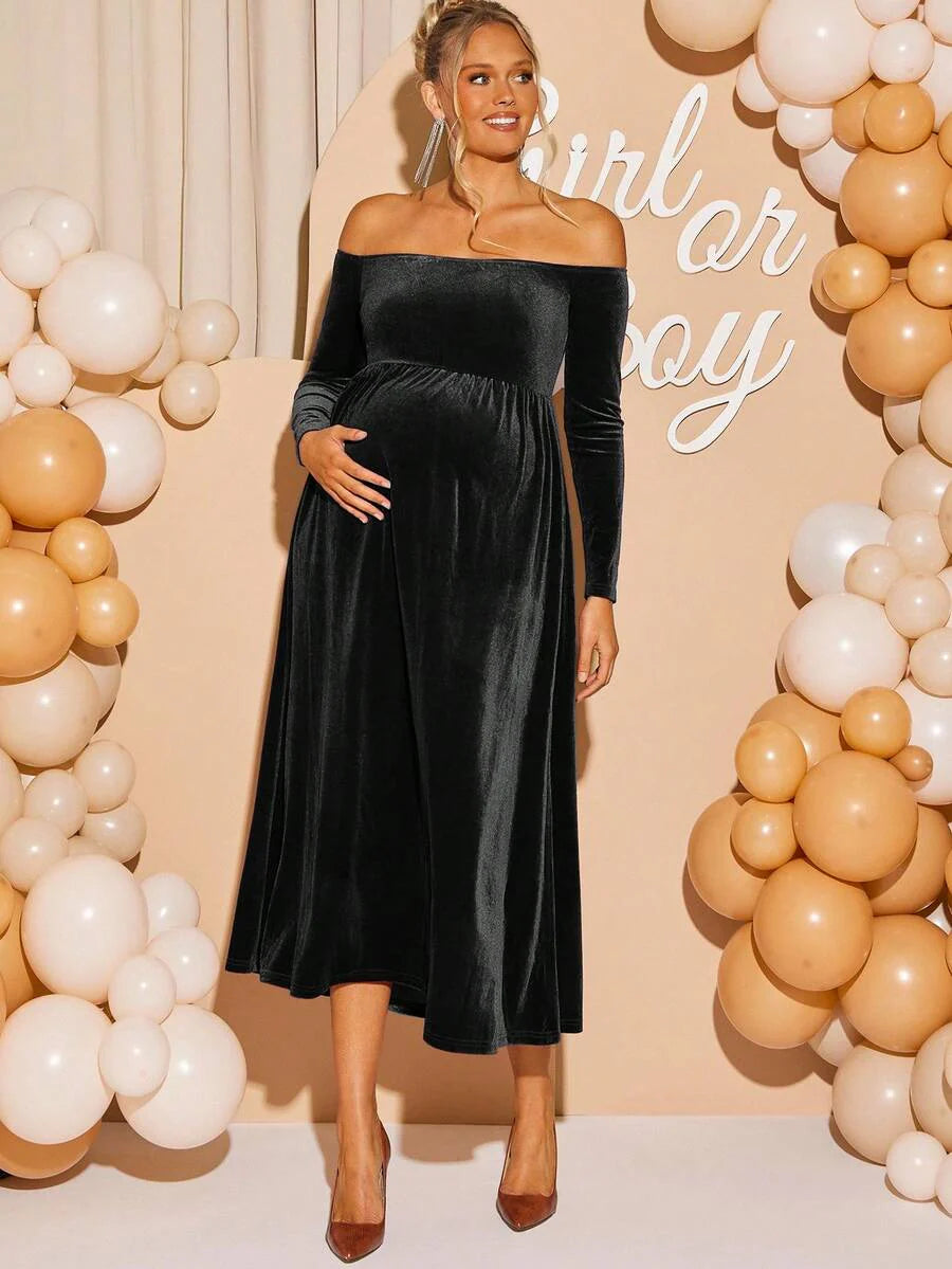 Maternity Off Shoulder Fishtail Baby Shower Long Sleeve Dress Slim Fit Solid Wine Gown Pregnancy Photoshoot Fall Winter